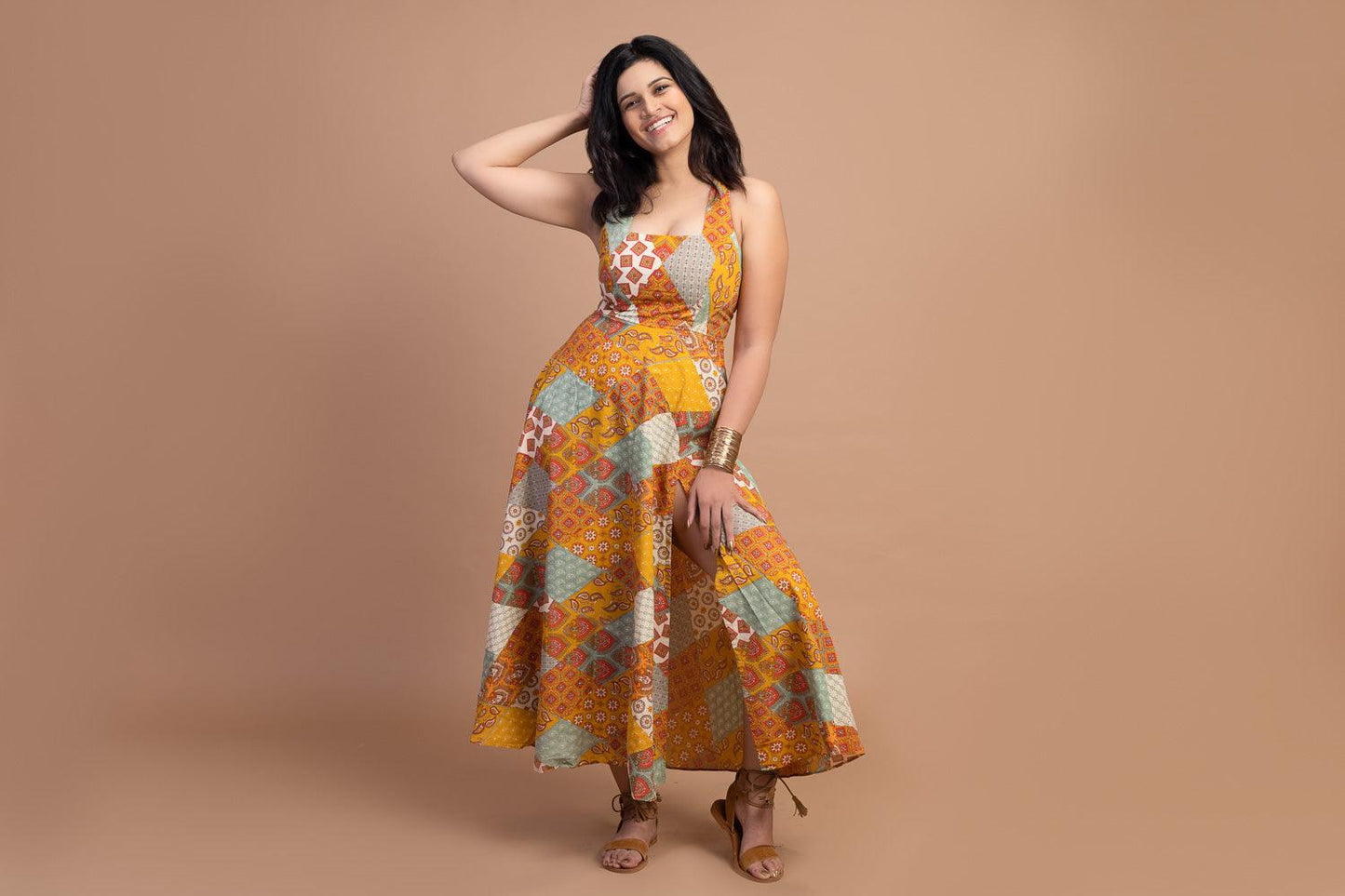 Elevate your style at any occasion with the XL Size Mustard Patchwork Maxi Dress from Bo and Co Store